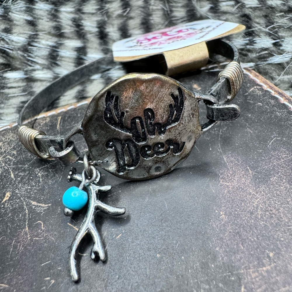 “Oh Deer” Antler Charm Hammered Silver Bracelet
